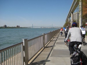 Bicycling on the Detroit River Walk near Cobo Hall.