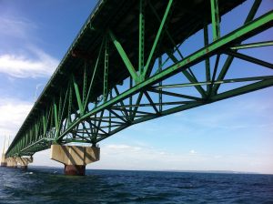 Mackinac Bridge from Straits of Mackinac during tour on the Straits Area Tour