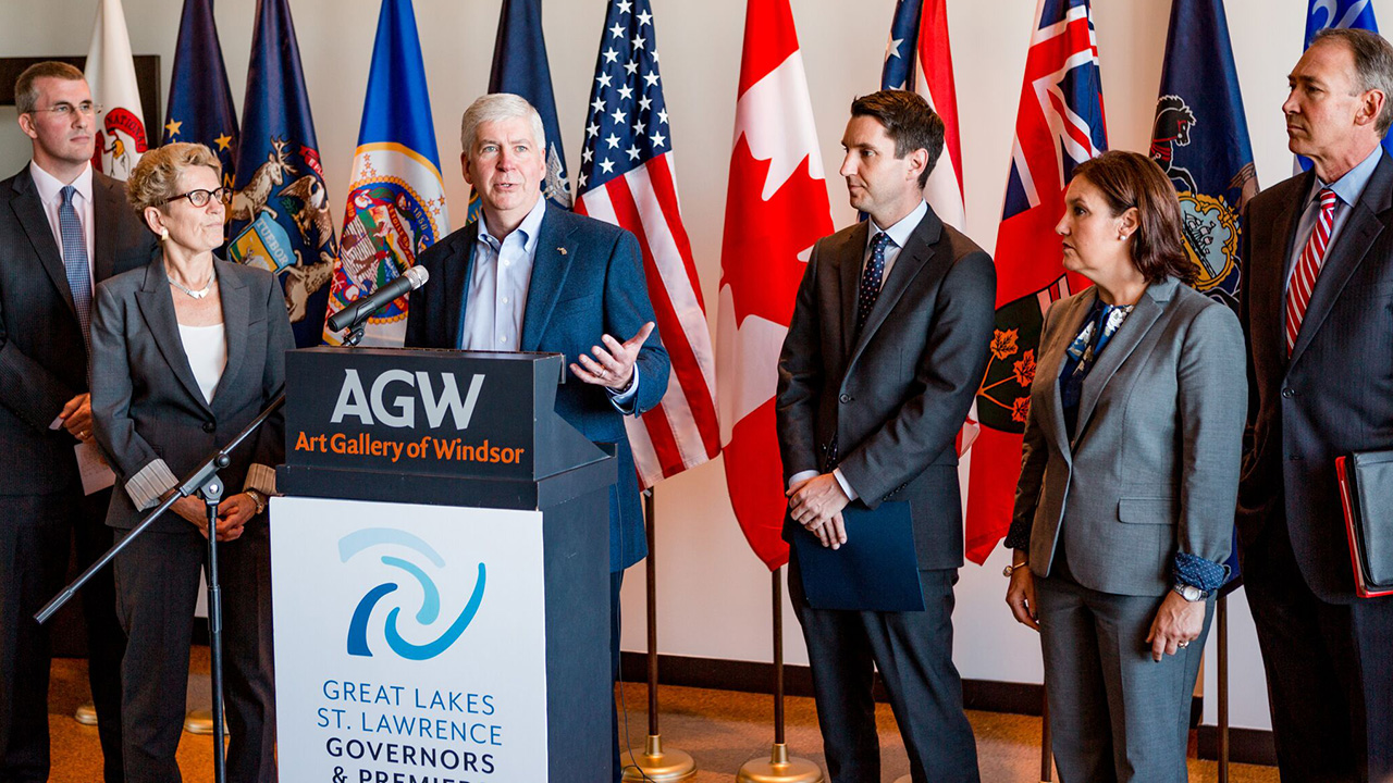 Gov. Snyder (MI) speaks at the Great Lakes St. Lawrence Governors & Premiers Conference in Detroit October 2017