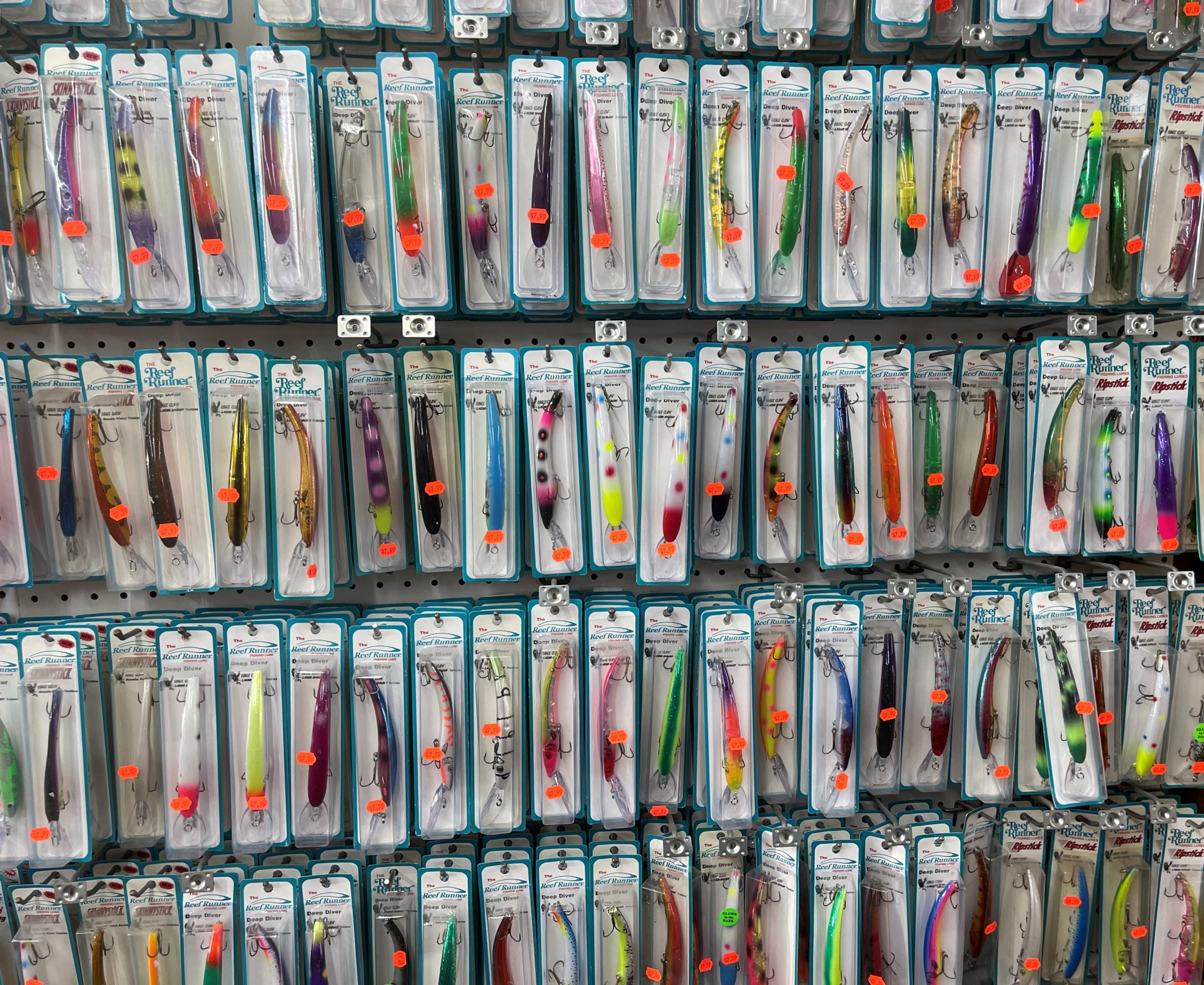Wall of lures from a fishing store
